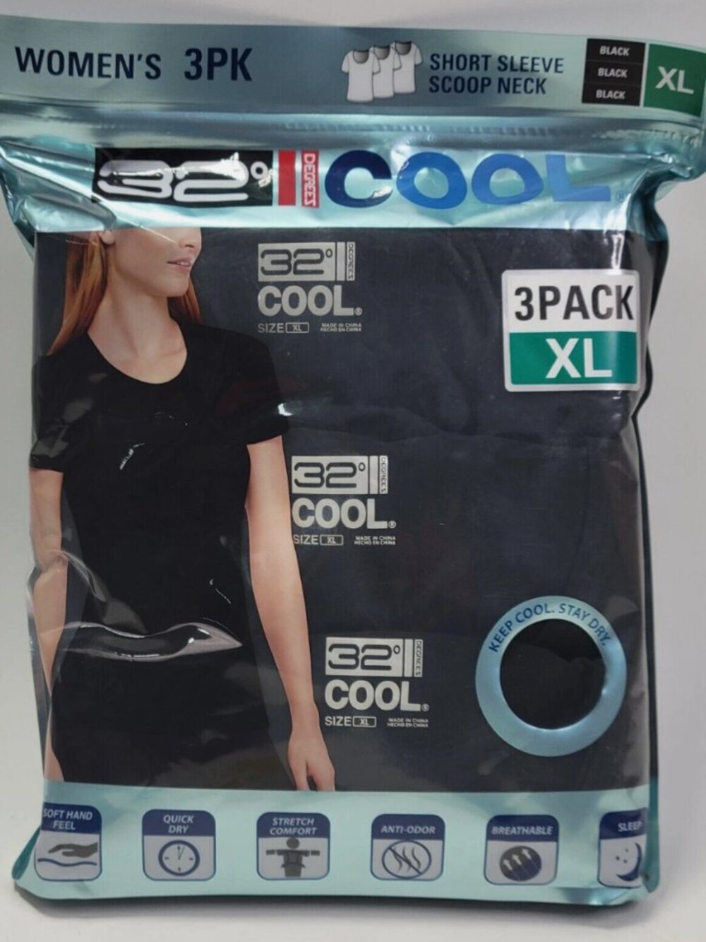 WOMENS 32 DEGREES COOL 3 PK SHORT SLEEVE SCOOP NECK QUICK DRY SHIRT